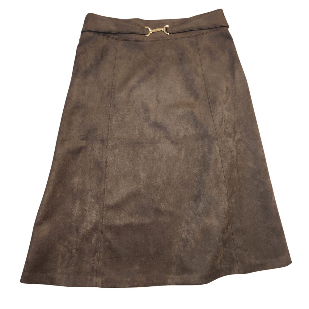 Marc New York Andrew Marc Brown Faux Suede A-Line Skirt Gold Bit Detail M